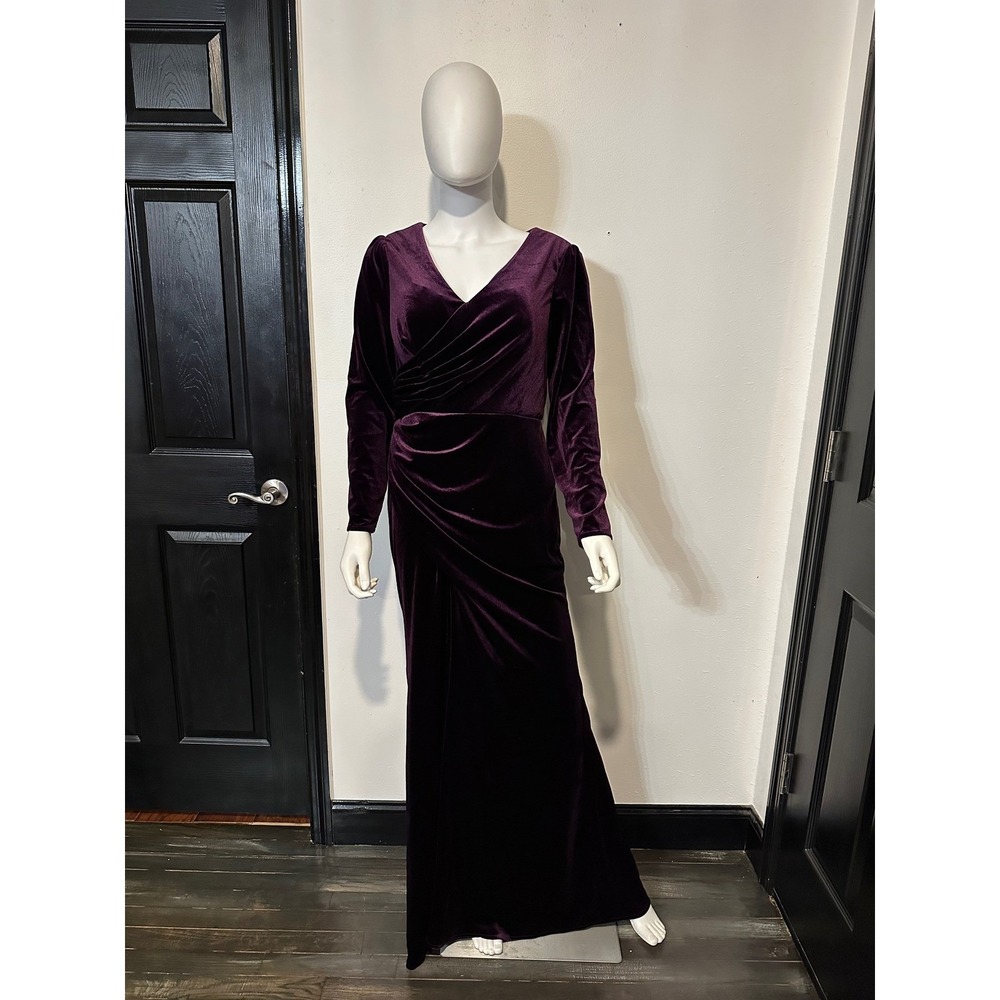 Purple Velvet Long Sleeve V-Neck Ruched Formal‎ Gown Maxi Dress Side Slit